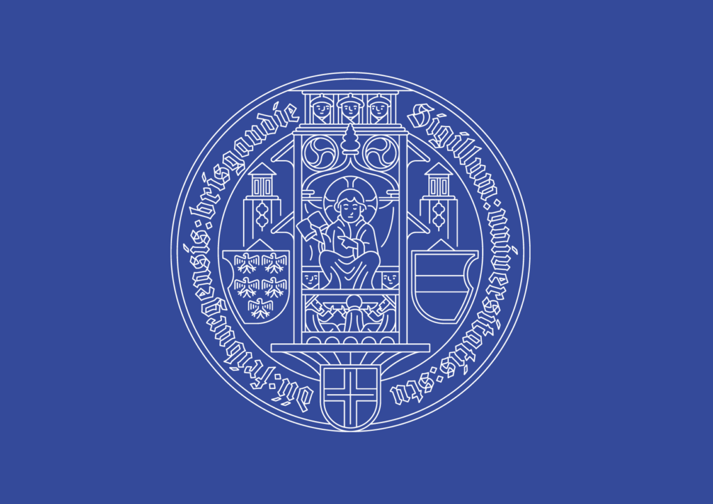 Weißes Siegel in der Outline-Variante auf blauem Hintergrund