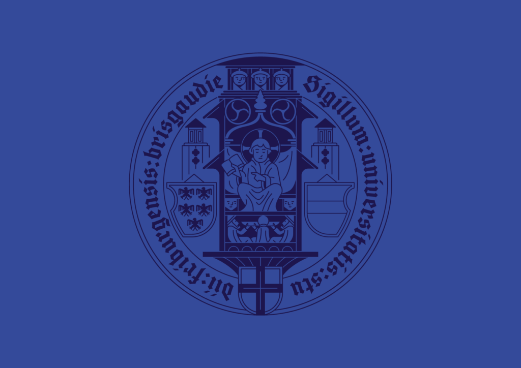 Dunkelblaues Siegel der Universität in Flächendarstellung auf blauem Hintergrund