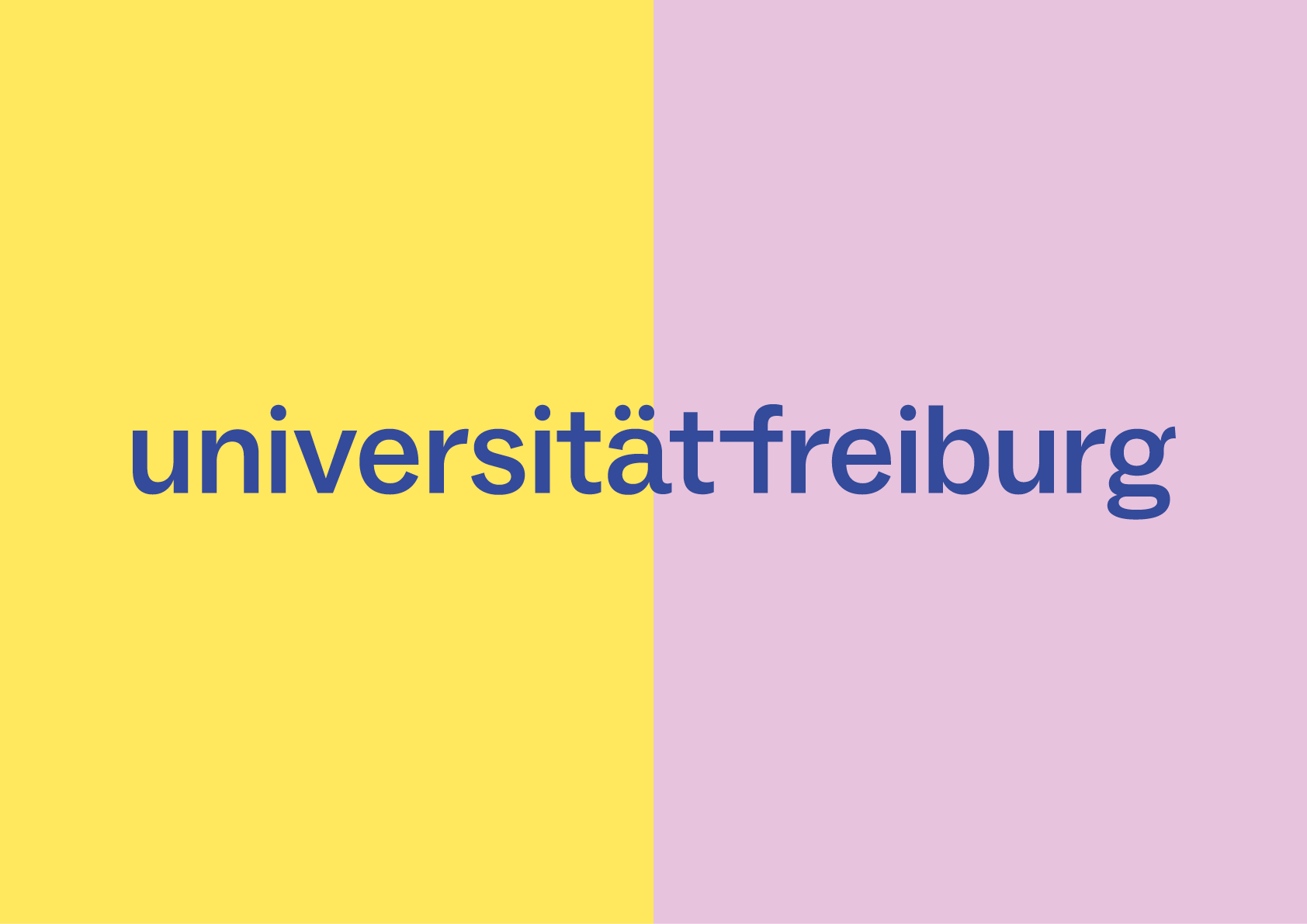 Blaue Wortmarke der Universität auf hellen Zusatzfarben (gelb und rosa)
