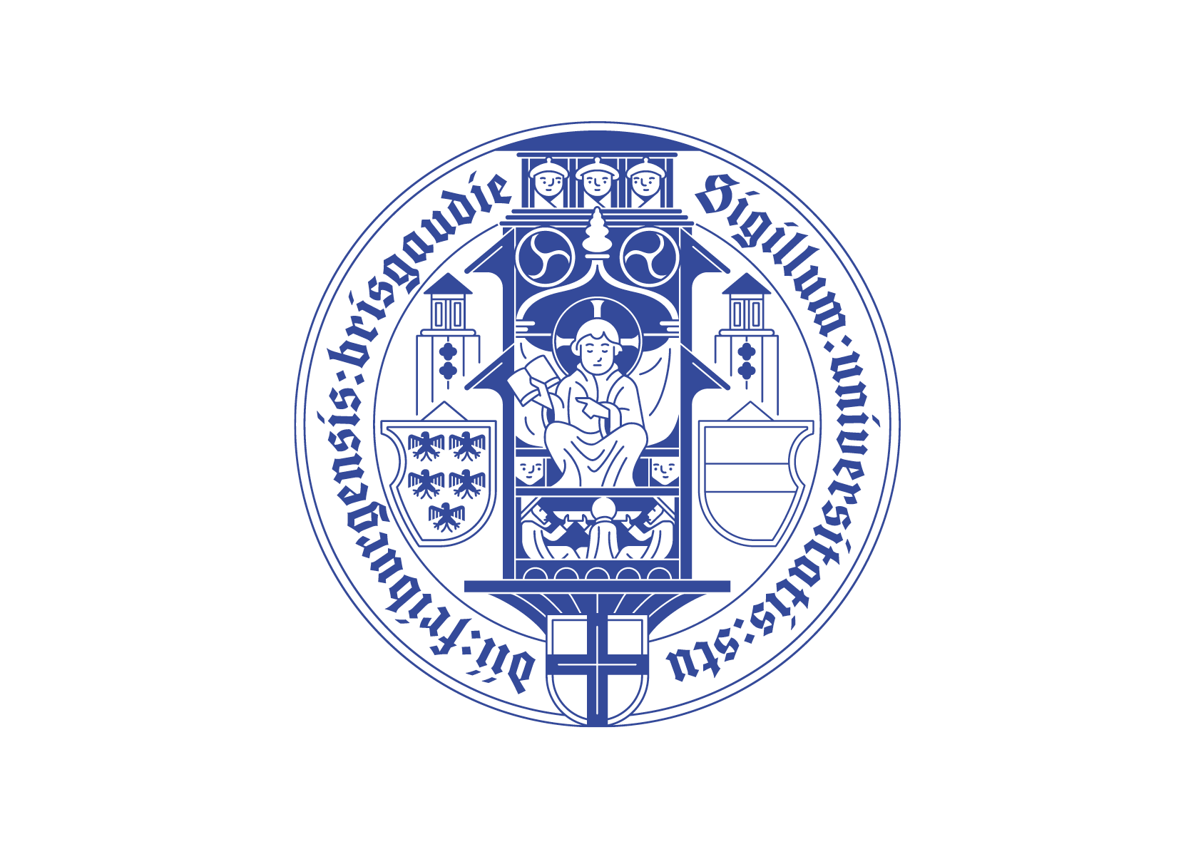 Blaues Siegel der Universität auf weißem Hintergrund